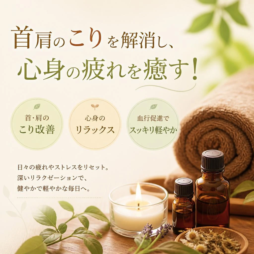 首肩のこりを解消し、心身の疲れを癒す！