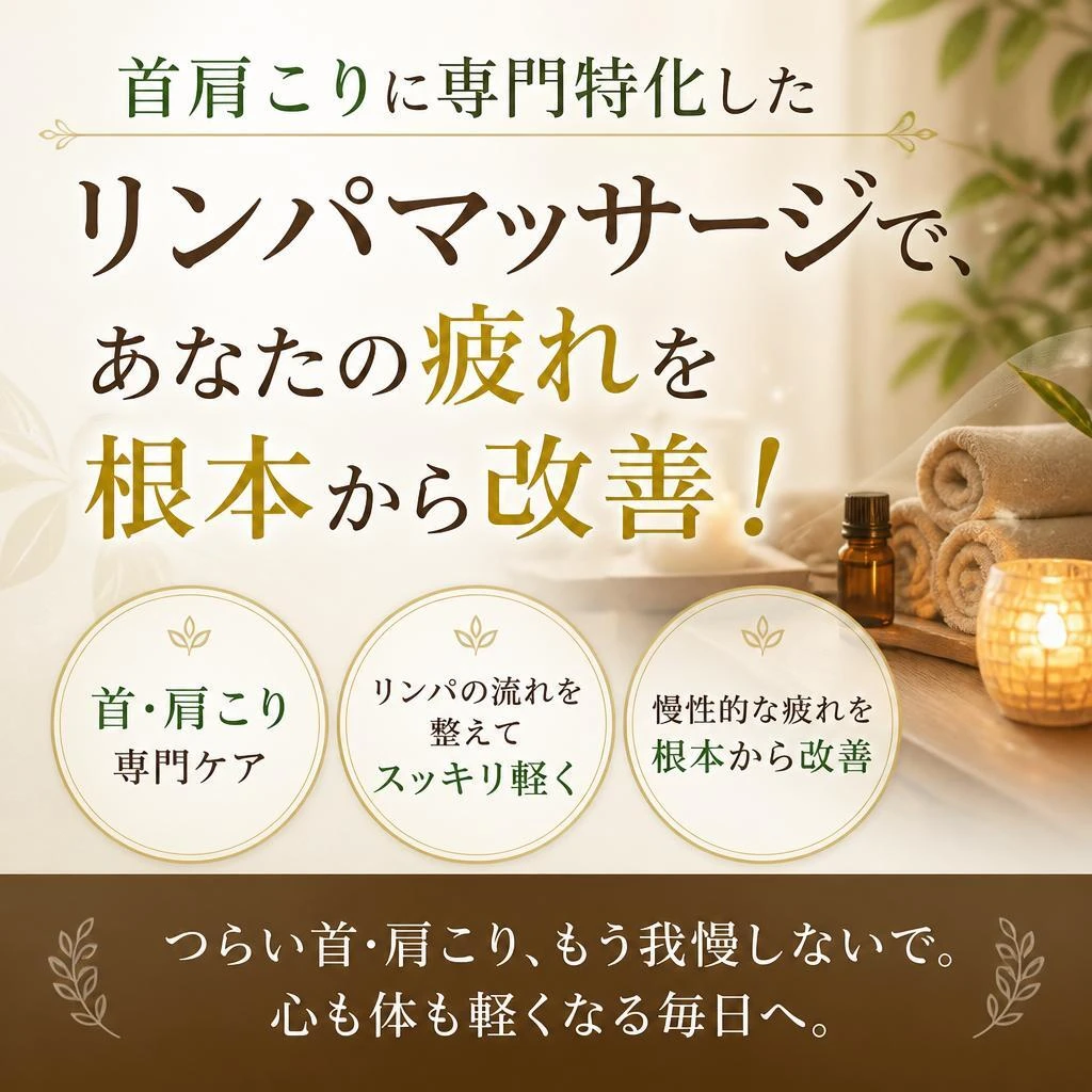 首肩こりに専門特化したリンパマッサージで、あなたの疲れを根本から改善！