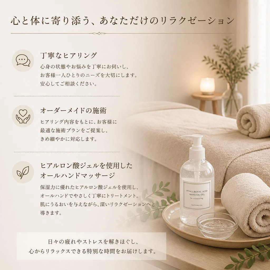 当サロンの特長：オールハンドでの施術